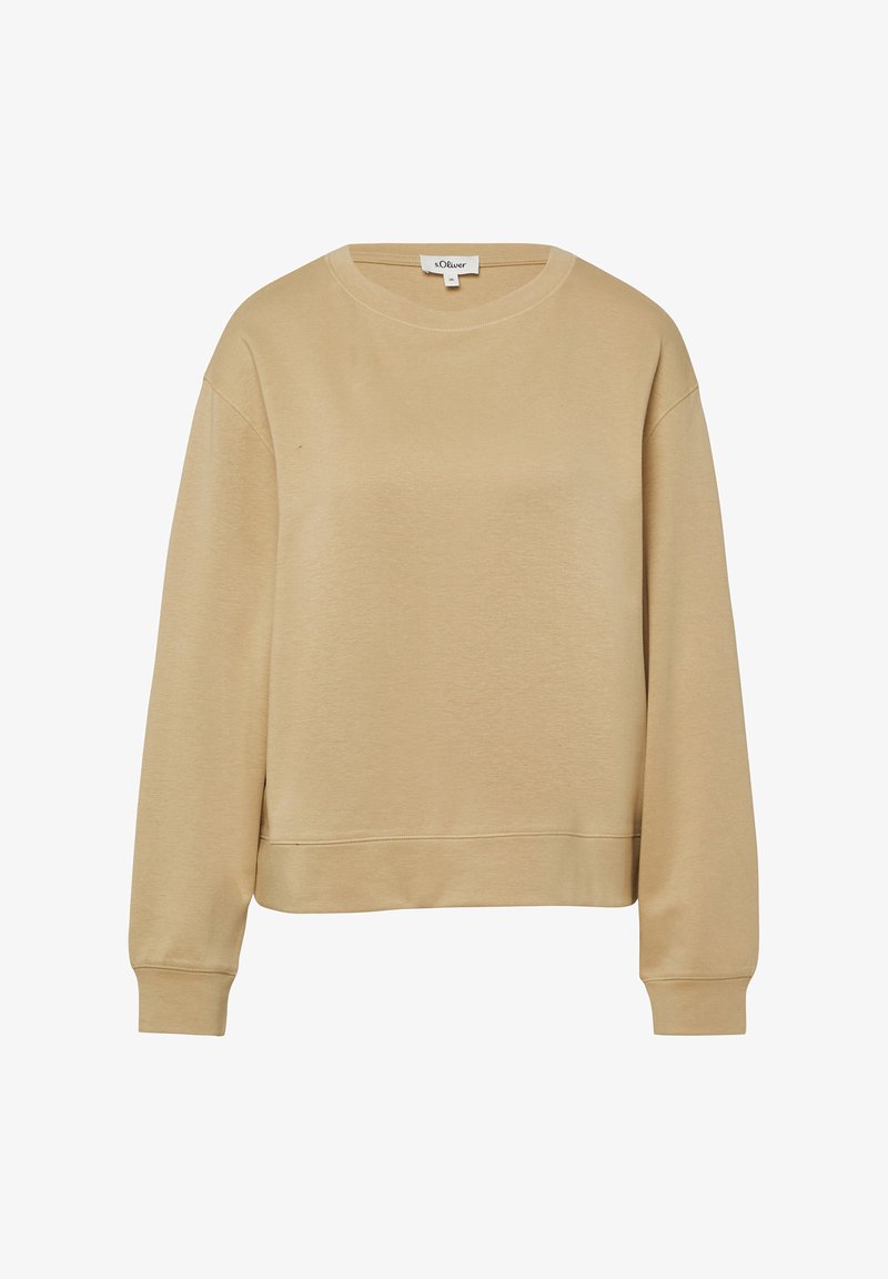 Felpa beige a maniche lunghe con colletto a giro e polsini e orlo a coste, esposta su uno sfondo bianco.