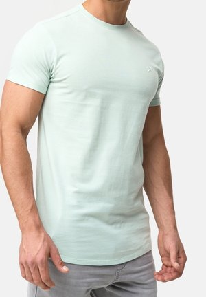 Hellgrünes Baumwoll-T-Shirt mit kurzen Ärmeln, Rundhalsausschnitt und einem dezenten Logo auf der Brust. Glatte Textur und taillierte Passform.