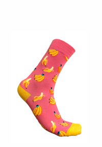Chaussette en coton rose avec des accents jaunes, présentant un motif de bananes répété en jaune et bleu sur la surface. Idéale pour un usage décontracté.