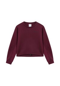 Sudadera burdeos con mangas largas, diseño cropped, cordón en la parte inferior y logo verde bordado en el pecho. Tejido suave de mezcla de algodón.