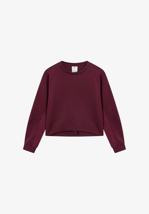 Sudadera burdeos con mangas largas, diseño cropped, cordón en la parte inferior y logo verde bordado en el pecho. Tejido suave de mezcla de algodón.