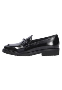 Schwarzer Lackleder-Loafer mit niedrigem Absatz, der oben mit einer dekorativen Schnalle versehen ist, und einer glatten, glänzenden Oberfläche. Texturierte Sohle für Grip.