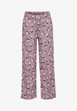 Lila wijde broek met lichtroze en donkerblauw bloemenpatroon, elastische tailleband en een trekkoordsluiting.