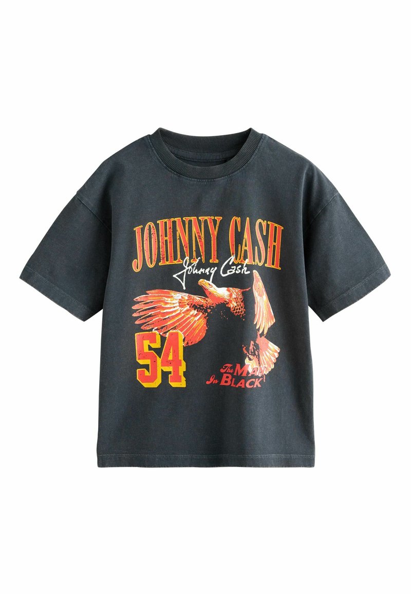 Černé bavlněné tričko s barevným grafickým motivem orla, nápisem "JOHNNY CASH" a "54" na přední straně, s kulatým výstřihem a krátkými rukávy.