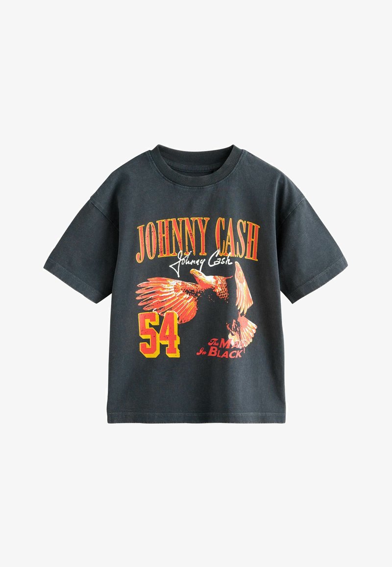 Černé bavlněné tričko s barevným grafickým motivem orla, nápisem "JOHNNY CASH" a "54" na přední straně, s kulatým výstřihem a krátkými rukávy.
