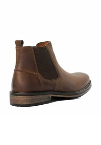 Brown leather ankle boot with elastic side panels, round toe, and rubber sole. Reinforced stitching and pull tab at the back for easy wear.