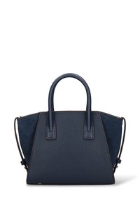 Marineblauwe handtas met een getextureerde leren body, gladde leren handvatten en suède zijkanten. Voorzien van dubbele handvatten en een schouderriem.