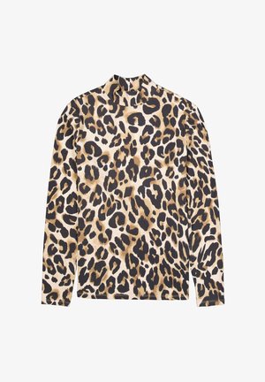Long-sleeve top in lightweight fabric featuring a tan background with black and brown leopard print, mock neck, and fitted design.