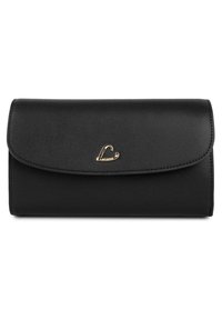 Portafoglio in pelle nera con pattina ripiegabile, dotato di un accento del logo dorato. Texture liscia e forma rettangolare con bordi cuciti.