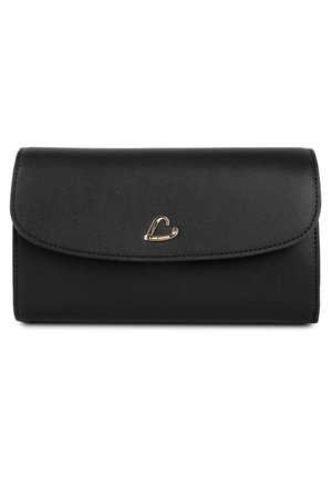 Portefeuille en cuir noir avec un rabat, arborant un accent de logo doré. Texture lisse et forme rectangulaire avec des bords cousus.