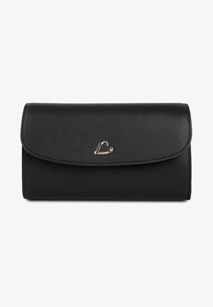 Black leather wallet with a fold-over flap, featuring a gold logo accent. Smooth texture and rectangular shape with stitched edges.