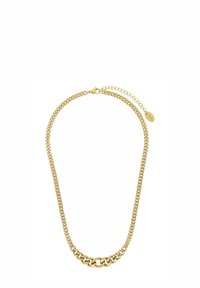 Collana in oro con anelli intrecciati; texture liscia; lunghezza regolabile con chiusura a gancio e piccolo tag circolare.