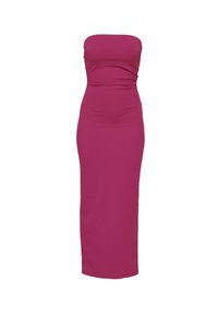 Abito senza spalline, aderente e lungo fino al pavimento in un magenta vivace. Tessuto liscio con una silhouette elegante e dettagli arricciati sul corpino.