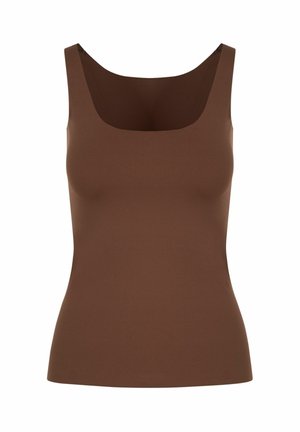 Rjava ženska elastična majica brez rokavov z širokimi naramnicami in kvadratnim izrezom, oprijeta silhueta.
