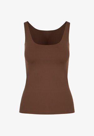 Braunes ärmelloses Damenshirt mit breiten Trägern und einem quadratischen Ausschnitt, figurbetonte Silhouette.