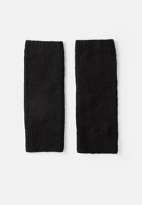 Mangas de lana negras, con puños acanalados, textura suave, forma rectangular y sin patrones ni herrajes visibles.