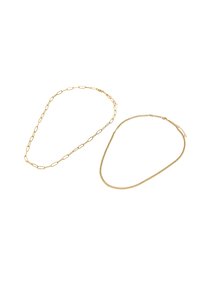 Złote naszyjniki o charakterystycznych wzorach: jeden z wydłużonymi ogniwami, a drugi z małymi okrągłymi ogniwami, oba lśniące i gładkie.