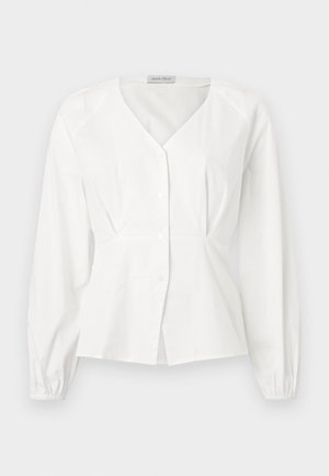 Λευκό μπλούζα με μακριά μανίκια, V-λαιμόκοψη, με κουμπιά μπροστά, εφαρμοστή μέση και ελαστικά μανσέτα, παρουσιασμένη σε απλό φόντο.