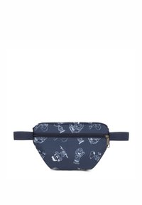 Sac banane en tissu bleu marine avec des imprimés de personnages de dessin animé en blanc, fermeture éclair et sangle réglable. Présente un design courbé et une base plate.