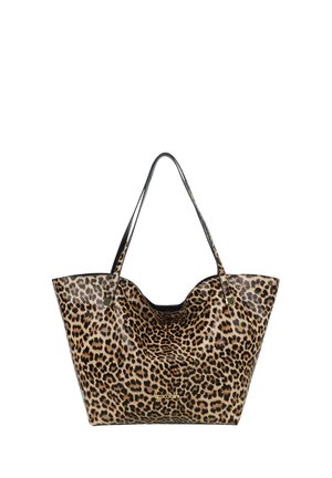 Grande borsa a mano con motivo a stampa leopardata e sottili manici neri, con piccolo logo del marchio dorato sul davanti.