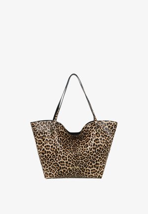 Grande borsa a mano con motivo a stampa leopardata e sottili manici neri, con piccolo logo del marchio dorato sul davanti.
