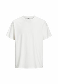 White cotton t-shirt with a classic crew neck, short sleeves, and a straight hem. Notable for its simple design and soft texture.