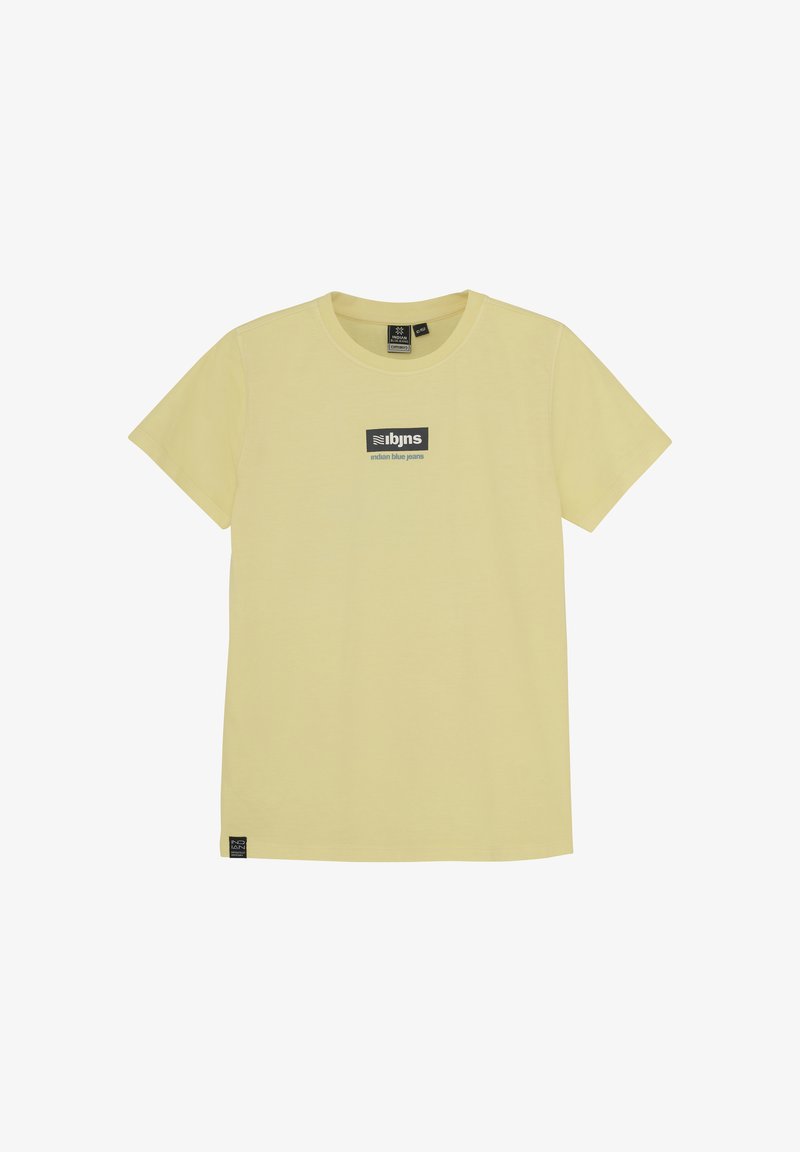 T-shirt jaune clair à manches courtes en coton doux, avec un logo graphique noir et blanc sur le devant et une petite étiquette de marque à l'ourlet.