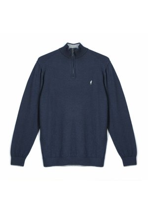 Pull bleu marine à manches longues avec col à fermeture éclair au quart, petit logo blanc brodé sur le côté gauche de la poitrine.