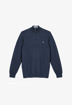 Pull bleu marine à manches longues avec col à fermeture éclair au quart, petit logo blanc brodé sur le côté gauche de la poitrine.