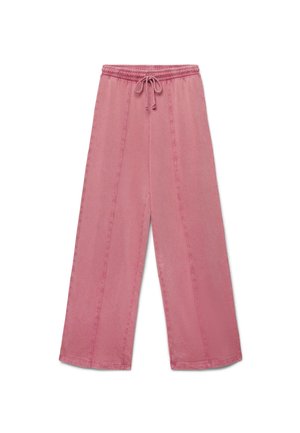 Pantalon rose à jambes larges avec une ceinture élastique et un cordon, avec des coutures verticales visibles le long des jambes.