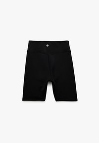 Pantaloni sportivi neri realizzati in tessuto elastico, con vita alta e un piccolo logo vicino alla vita. Texture liscia.