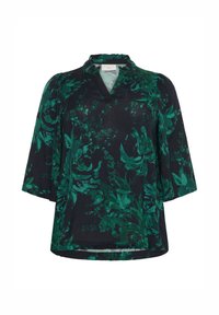 Blouse noire avec un motif floral vert, dotée d'un col montant et de manches courtes, fabriquée en tissu léger avec une texture lisse.