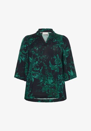 Schwarze Bluse mit grünem Blumenmuster, verfügt über einen hohen Kragen und kurze Ärmel, hergestellt aus leichtem Stoff mit glatter Textur.