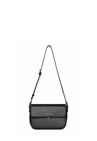 Borsa a tracolla in pelle nera con texture liscia, chiusura a pattina e tracolla regolabile. Presenta un accento del logo argentato sul fronte.