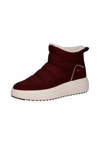 Bordeauxfarbene Ankle Boots aus gestepptem Stoff, mit weißem Kunstfellfutter und einer dicken strukturierten Sohle. Verfügt über ein seitliches Logo und kontrastierende Nähte.