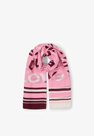 Pinkfarbener Schal mit burgunderfarbenen und weißen Streifen, versehen mit großen abstrakten Buchstaben in Burgunderrot und Weiß, zu einer Schlaufe gefaltet.