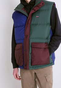 Gepolsterte Weste in Blau, Grün und Burgunder mit Reißverschluss und Druckknopfverschluss, zwei Fronttaschen und Kapuze. Hergestellt aus glänzendem, synthetischem Material.