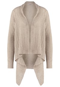 Beige Strickjacke mit offenem Vorderteil, langen Ärmeln und einem Saum mit hohem und niedrigem Abschluss. Das strukturierte Gewebe zeigt ein geripptes Design.