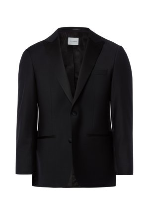 Schwarzer, formeller Blazer mit zwei vorderen Knöpfen, fallendem Revers und drei Außentaschen, dargestellt vor weißem Hintergrund.