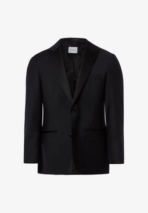 Schwarzer, formeller Blazer mit zwei vorderen Knöpfen, fallendem Revers und drei Außentaschen, dargestellt vor weißem Hintergrund.
