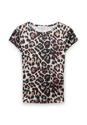 Maglietta da donna a maniche corte con scollo rotondo, caratterizzata da stampa leopardata nera e marrone su sfondo beige, taglia piccola.