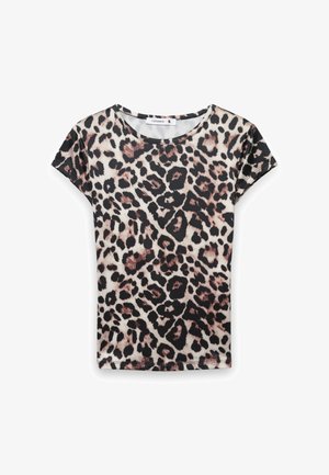 Maglietta da donna a maniche corte con scollo rotondo, caratterizzata da stampa leopardata nera e marrone su sfondo beige, taglia piccola.