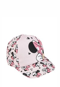 Cappello rosa con un design stampato di personaggi con fiocchi, arricchito da motivi stellati e una visiera rosa uniforme. Realizzato in materiale tessile.