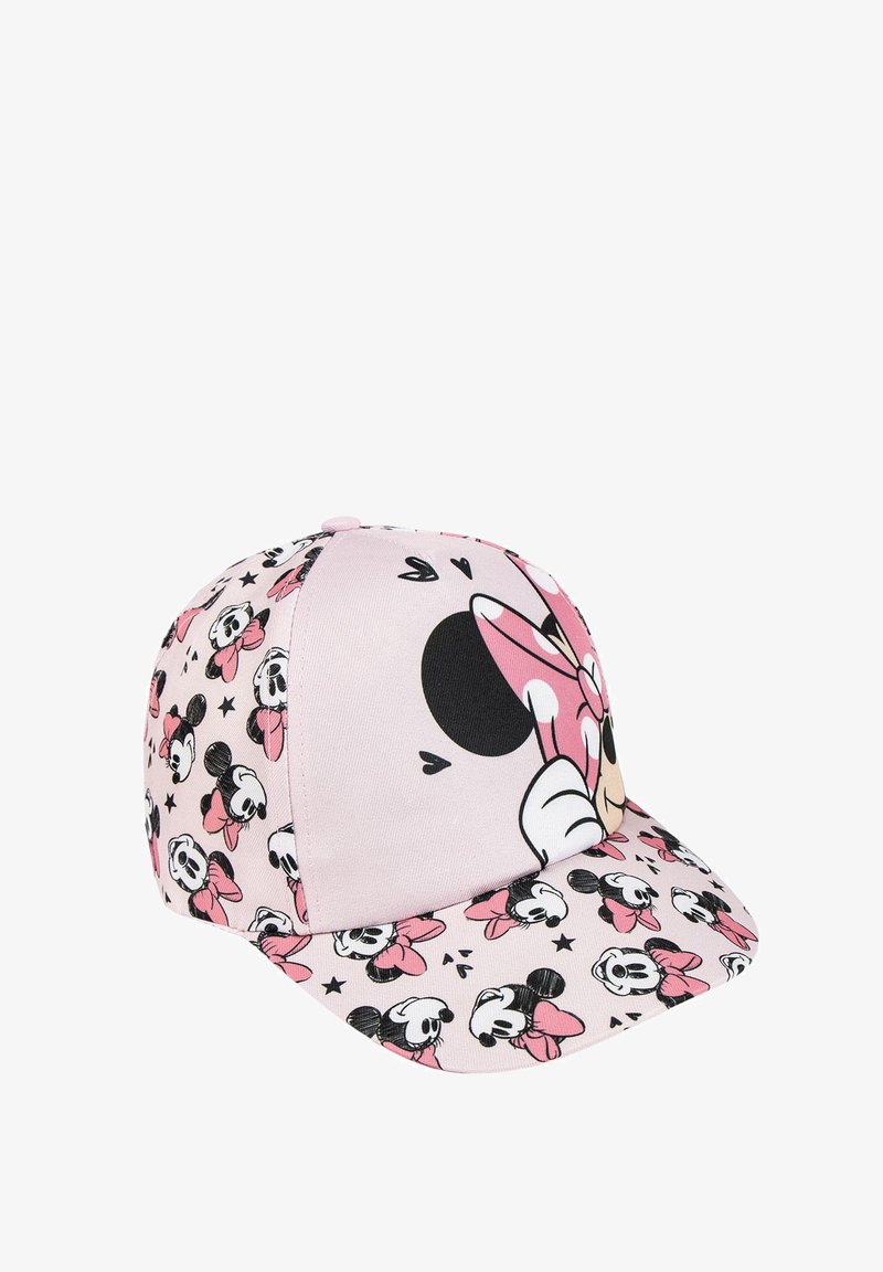 Cappello rosa con un design stampato di personaggi con fiocchi, arricchito da motivi stellati e una visiera rosa uniforme. Realizzato in materiale tessile.