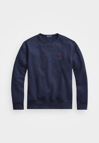 Mörkblå sweatshirt gjord av mjuk bomull. Har en crew neck, långa ärmar och en liten röd logotyp som accent på bröstet. Design med långa ärmar.