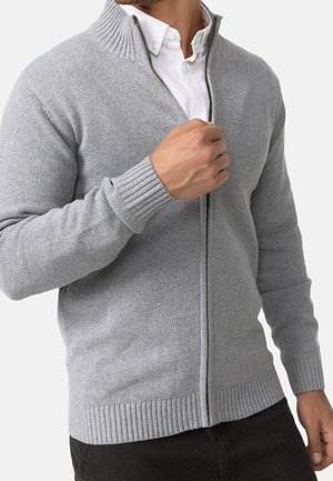 Muž, který má na sobě světle šedý svetr na zip přes bílou košili s knoflíky, se rukou držící zip svetru u límce.