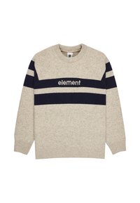 Beżowy sweter robiony na drutach z okrągłym dekoltem, rękawami raglanowymi i granatowymi paskami z napisem "element" na środku. Miękka tekstura.