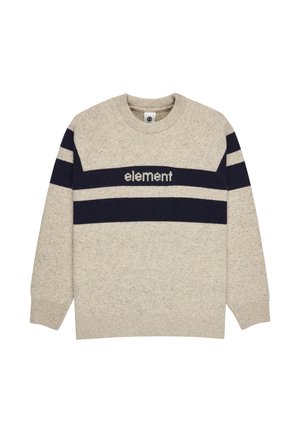 Béžový pletený sveter s okrúhlym výstrihom, raglánovými rukávmi a námorníckymi pruhmi s textom "element" v strede. Mäkky textil.