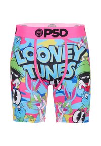 Boxer briefs with pink waistband, featuring colorful Looney Tunes characters and large "LOONEY TUNES" text across the front.