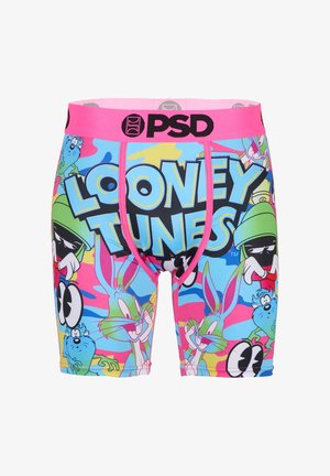 Boxer briefs with pink waistband, featuring colorful Looney Tunes characters and large "LOONEY TUNES" text across the front.